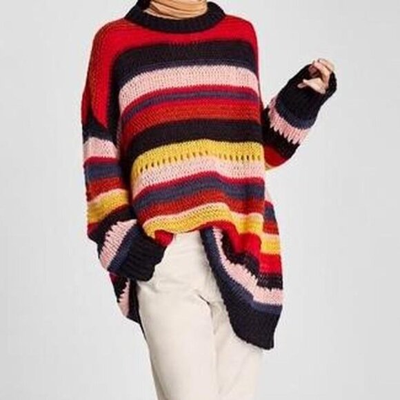 Zara Multicolor Striped Sweater Tunic Dress Sz M Italian Yarn Boho 70s Retro - Picture 1 of 14